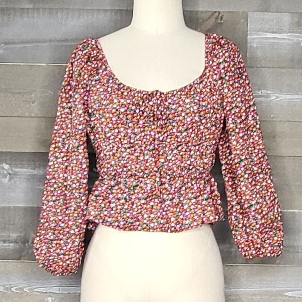 Zara Red Multi Color Floral Print Peplum 3/4" Balloon Sleeves Scoop Neck…